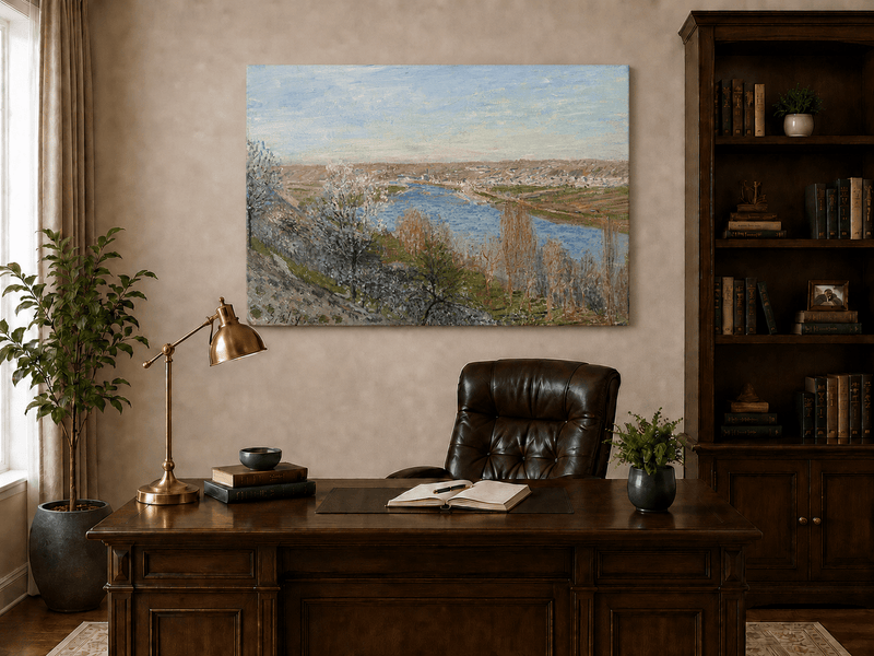 Interior wall art view featuring a spring river valley with blossoming trees oil painting.