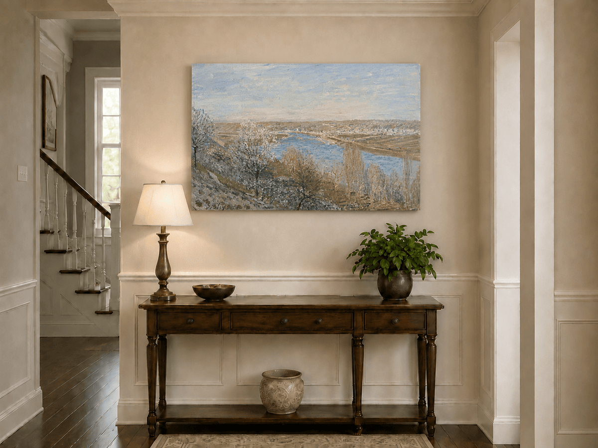 Blossoming river valley landscape painting shown as decorative oil wall art.