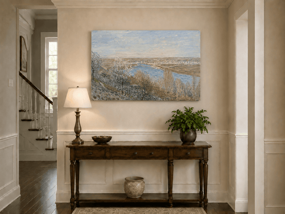 Blossoming river valley landscape painting shown as decorative oil wall art.