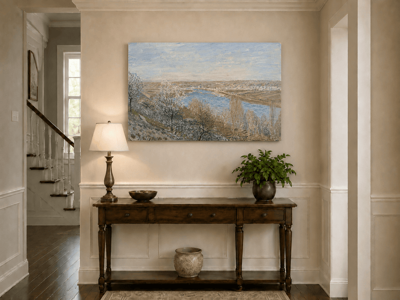 Blossoming river valley landscape painting shown as decorative oil wall art.