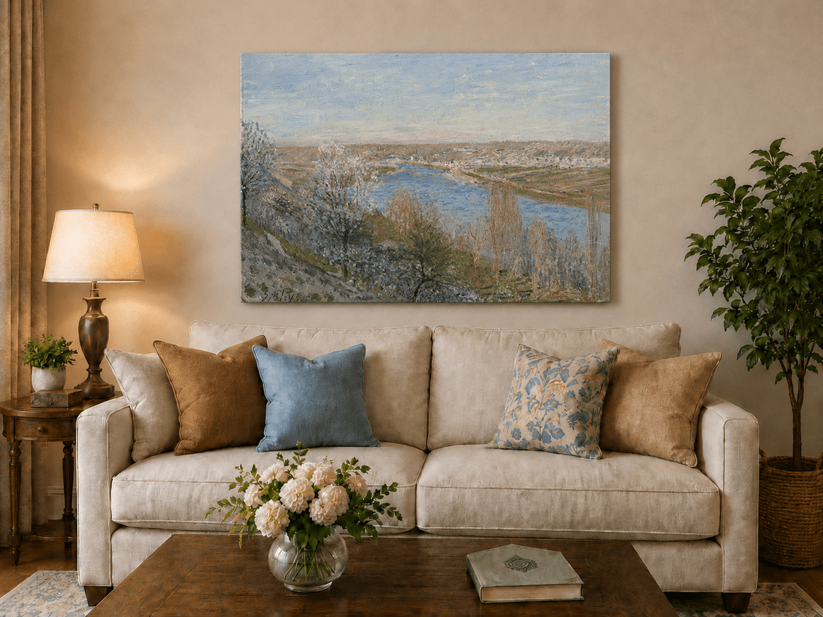 Spring river valley hand-painted oil artwork displayed in a second interior view.