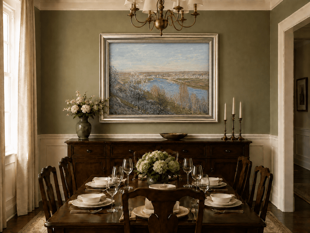 Spring river valley oil landscape artwork shown in a styled home interior.