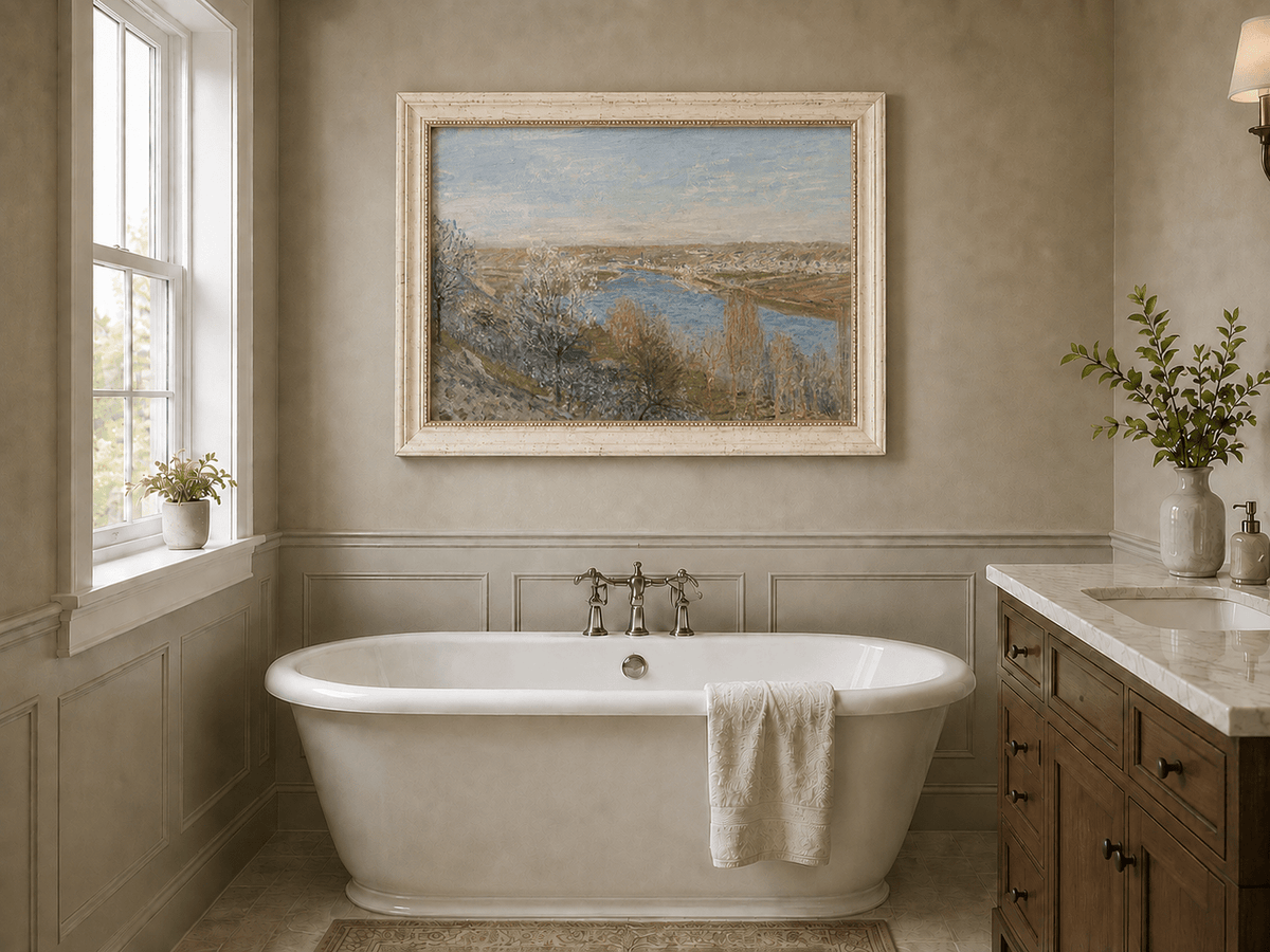 Blossoming spring landscape oil painting presented as interior home decor.