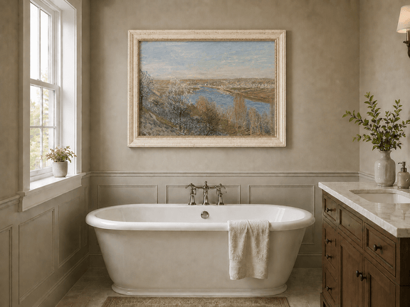 Blossoming spring landscape oil painting presented as interior home decor.