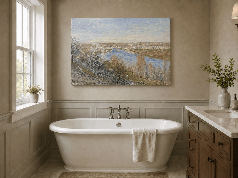 Spring river valley with blossoming trees landscape oil painting presented as styled home decor.