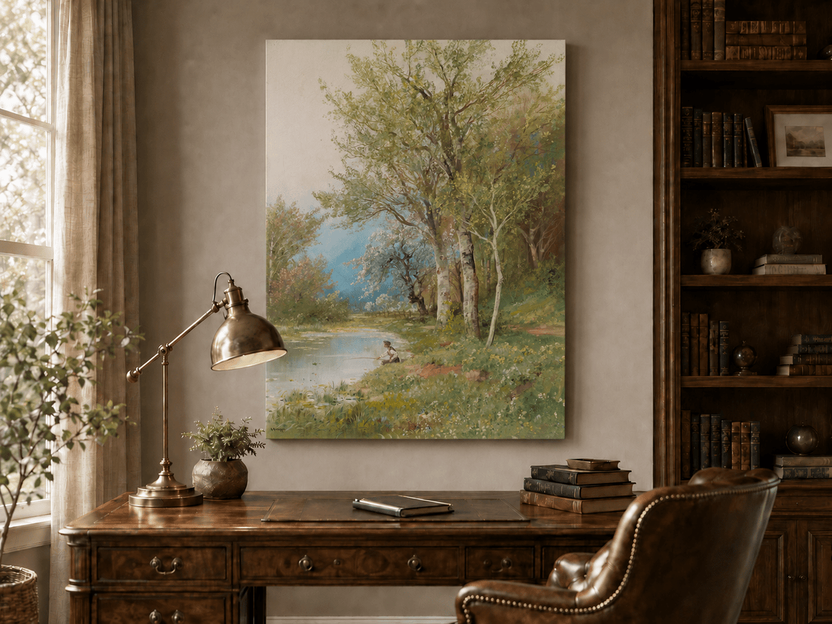 Peinture à l'huile de paysage - Rivière printanière avec pêcheur et arbres