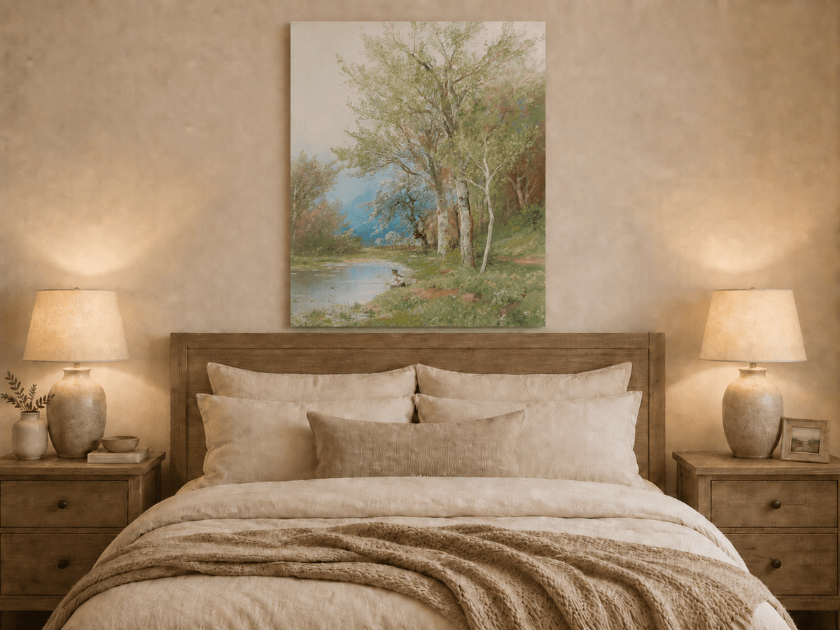 Peinture à l'huile de paysage - Rivière printanière avec pêcheur et arbres