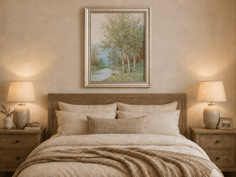 Peinture à l'huile de paysage - Rivière printanière avec pêcheur et arbres