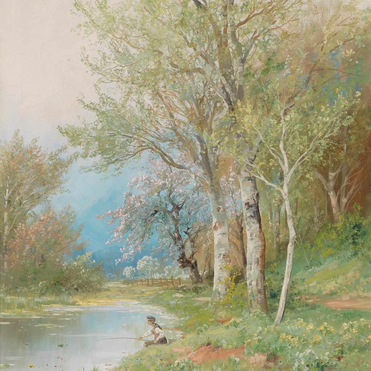 Landscape Oil Painting - Spring River with Fisherman & Trees - Oil Painting Haven