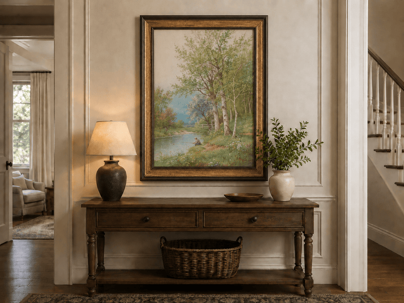 Peinture à l'huile de paysage - Rivière printanière avec pêcheur et arbres