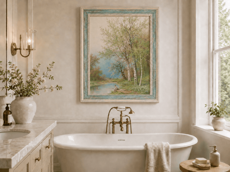 Peinture à l'huile de paysage - Rivière printanière avec pêcheur et arbres