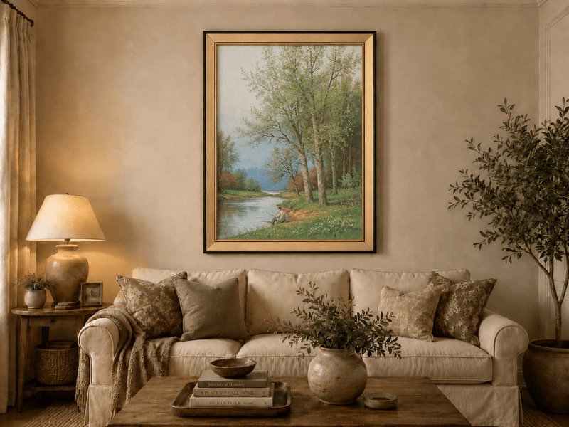 Peinture à l'huile de paysage - Rivière printanière avec pêcheur et arbres