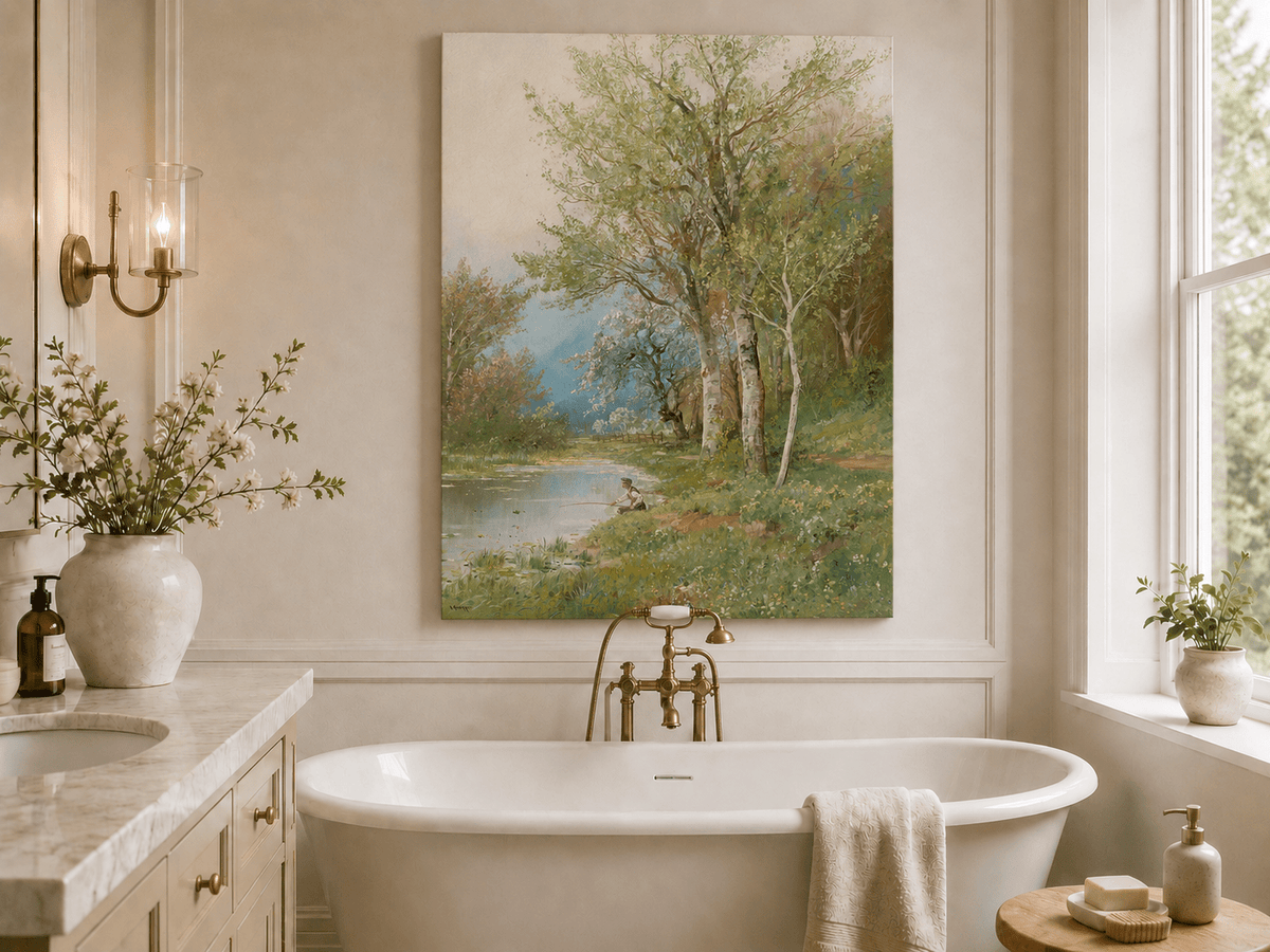 Peinture à l'huile de paysage - Rivière printanière avec pêcheur et arbres