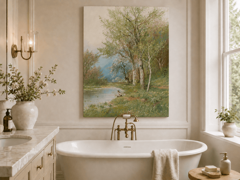 Peinture à l'huile de paysage - Rivière printanière avec pêcheur et arbres