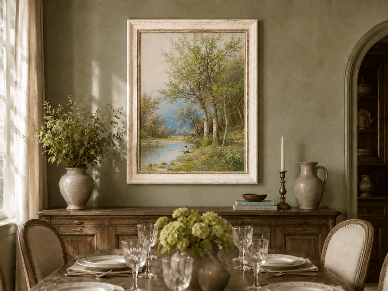 Peinture à l'huile de paysage - Rivière printanière avec pêcheur et arbres