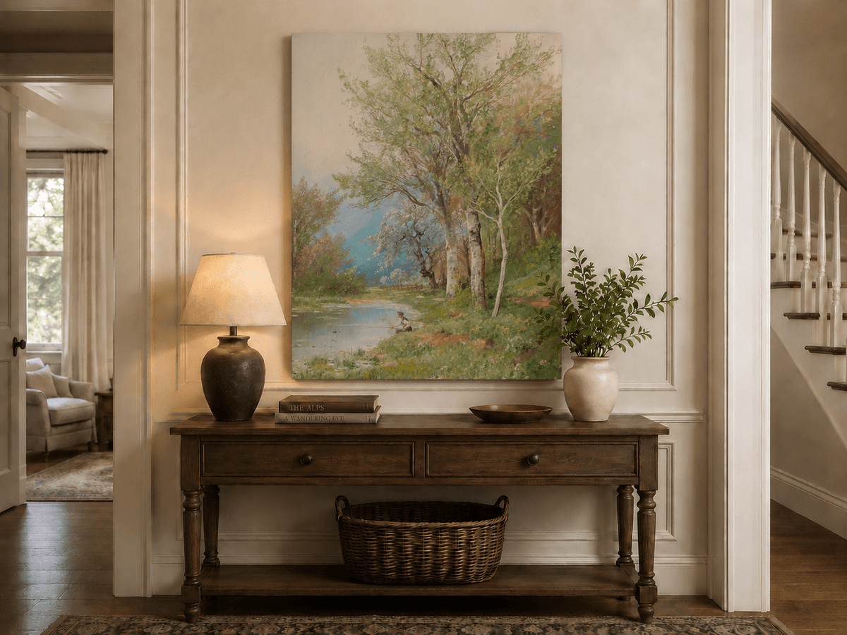 Peinture à l'huile de paysage - Rivière printanière avec pêcheur et arbres