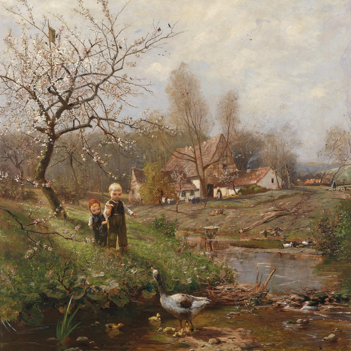 Landscape Oil Painting - Spring Rural Scene, Children, Goose & Stream - Oil Painting Haven
