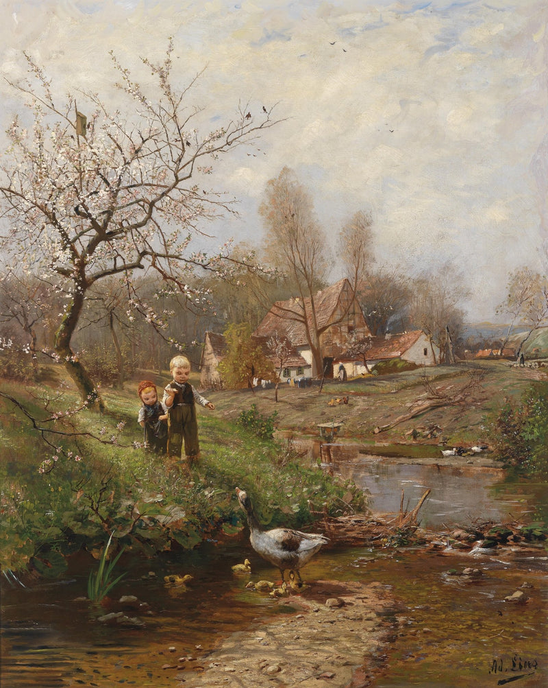Landscape Oil Painting - Spring Rural Scene, Children, Goose & Stream - Oil Painting Haven