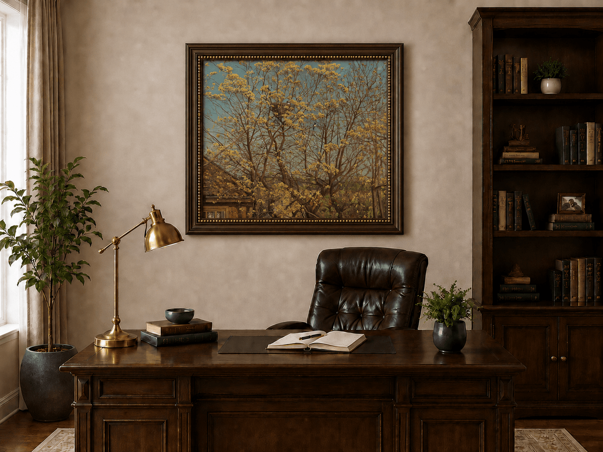 Landscape Oil Painting - Spring Trees Above Village Roof