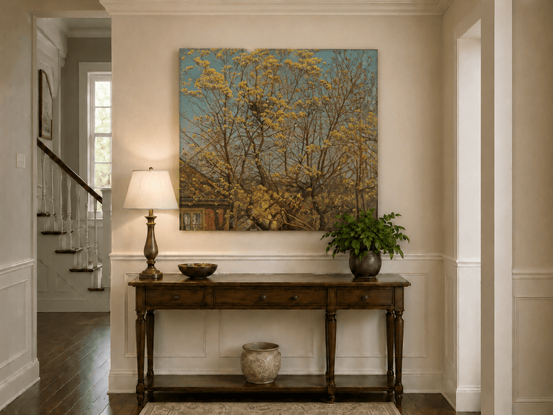 Landscape Oil Painting - Spring Trees Above Village Roof