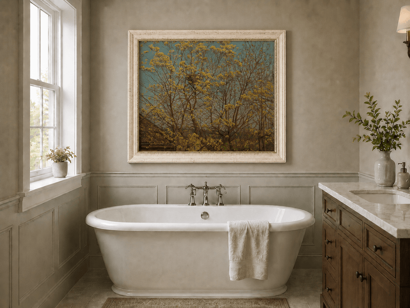 Landscape Oil Painting - Spring Trees Above Village Roof