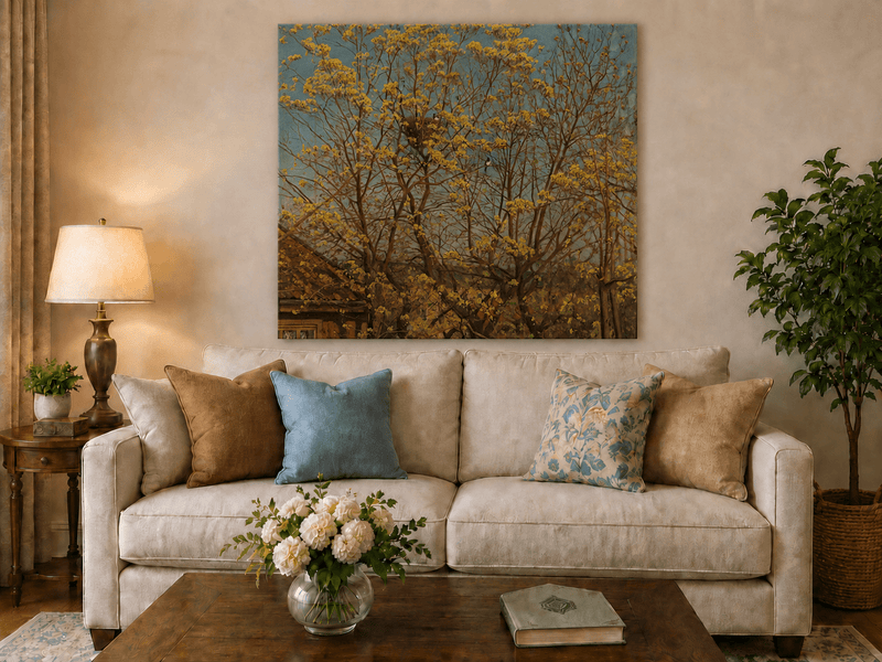 Landscape Oil Painting - Spring Trees Above Village Roof