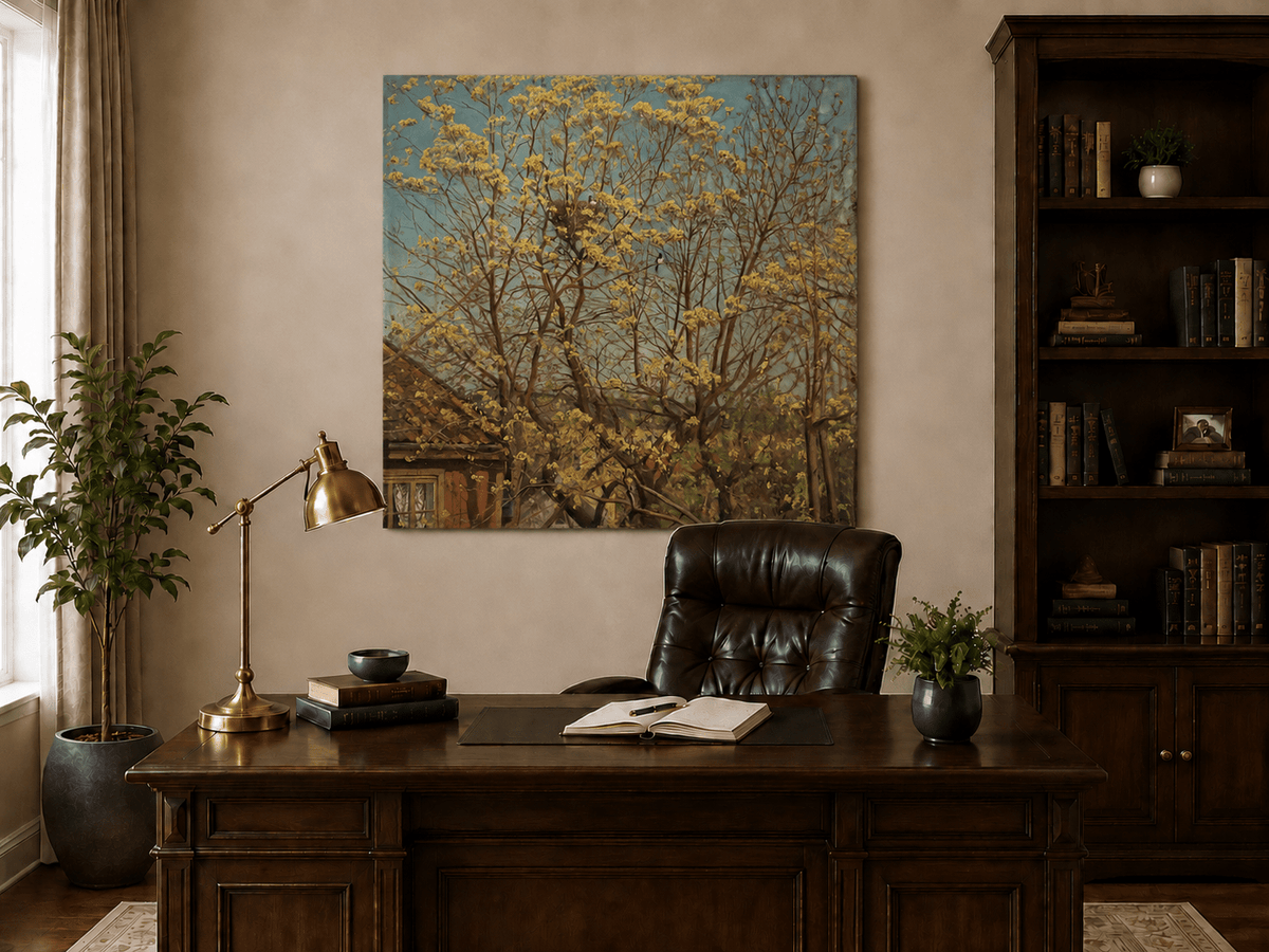 Landscape Oil Painting - Spring Trees Above Village Roof