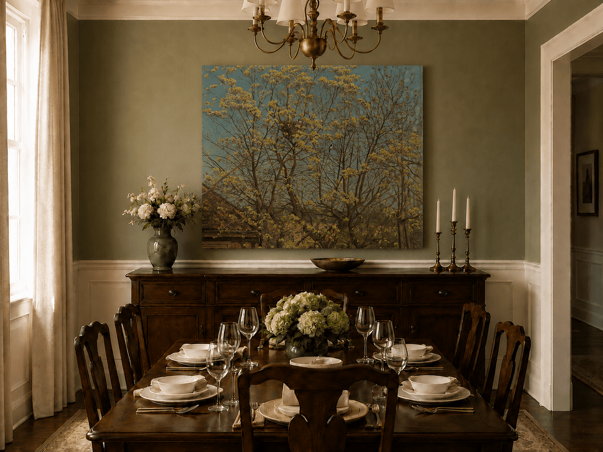 Landscape Oil Painting - Spring Trees Above Village Roof