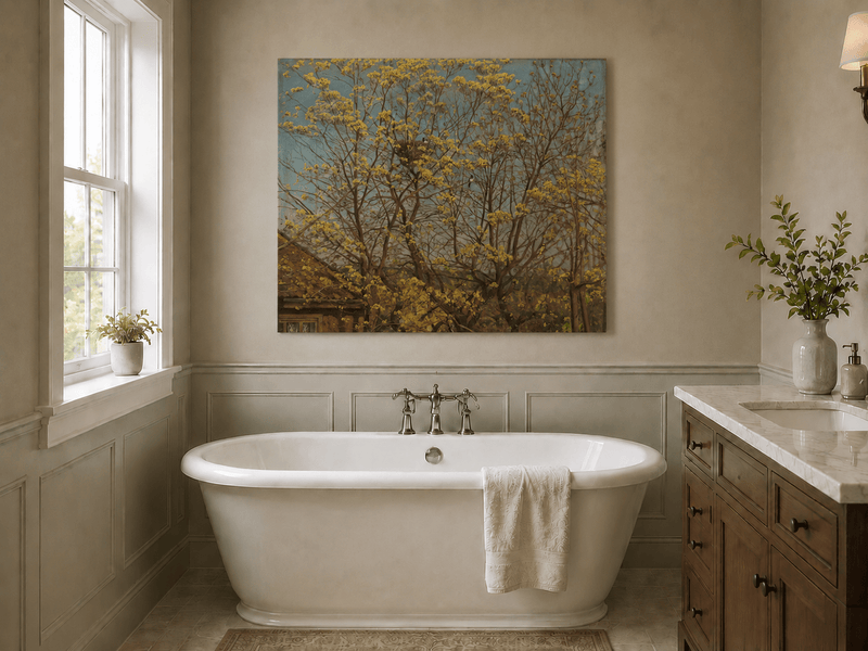 Landscape Oil Painting - Spring Trees Above Village Roof