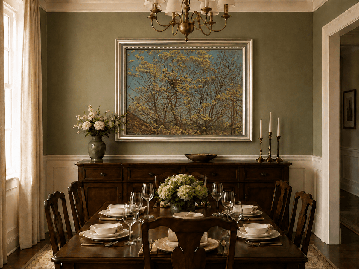 Landscape Oil Painting - Spring Trees Above Village Roof