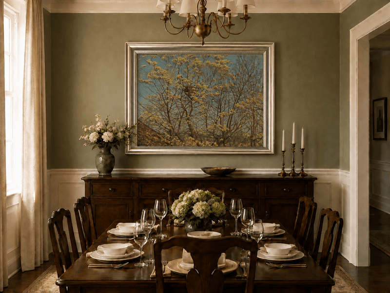 Landscape Oil Painting - Spring Trees Above Village Roof