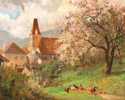 Landscape Oil Painting - Spring Village Church and Blossom Tree - Oil Painting Haven