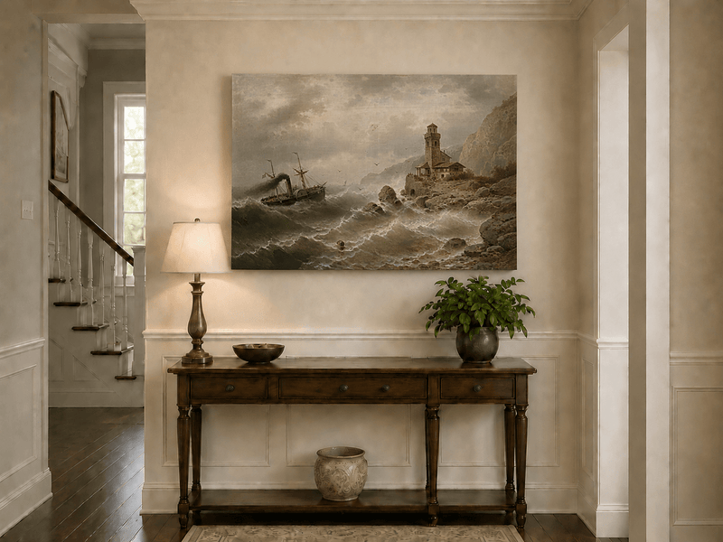 Landscape Oil Painting - Steamboat in Seas, Coastal Tower, Waves