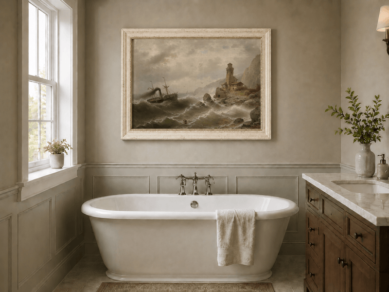 Landscape Oil Painting - Steamboat in Seas, Coastal Tower, Waves