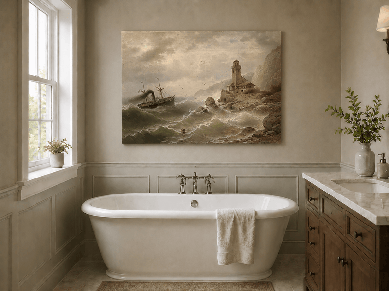 Landscape Oil Painting - Steamboat in Seas, Coastal Tower, Waves