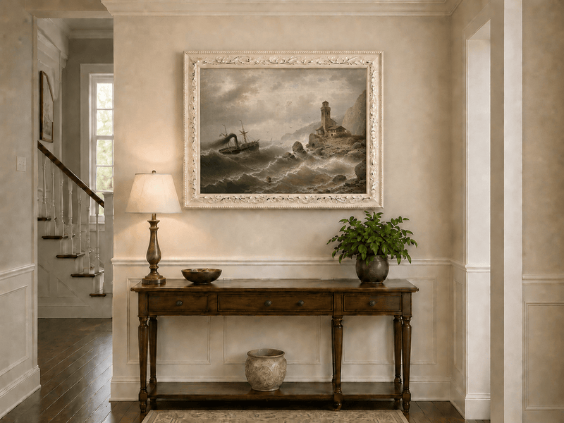 Landscape Oil Painting - Steamboat in Seas, Coastal Tower, Waves