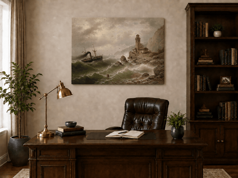 Landscape Oil Painting - Steamboat in Seas, Coastal Tower, Waves