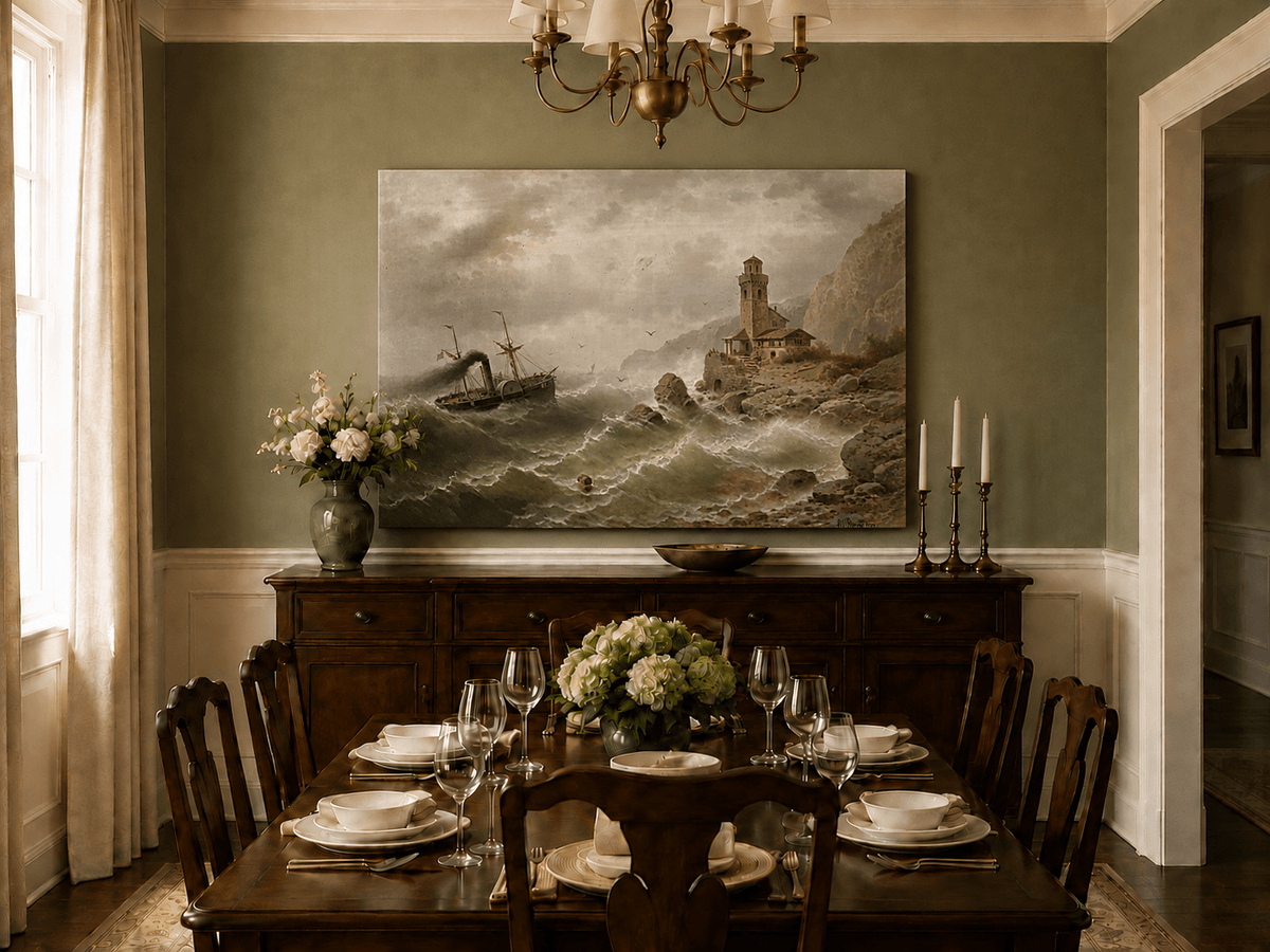 Landscape Oil Painting - Steamboat in Seas, Coastal Tower, Waves