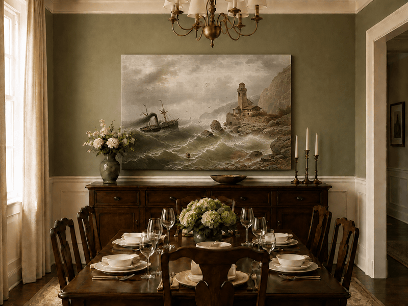 Landscape Oil Painting - Steamboat in Seas, Coastal Tower, Waves