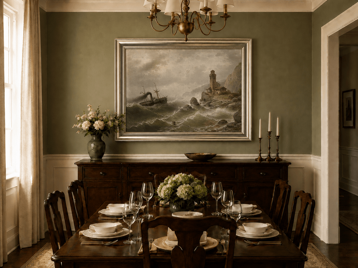 Landscape Oil Painting - Steamboat in Seas, Coastal Tower, Waves