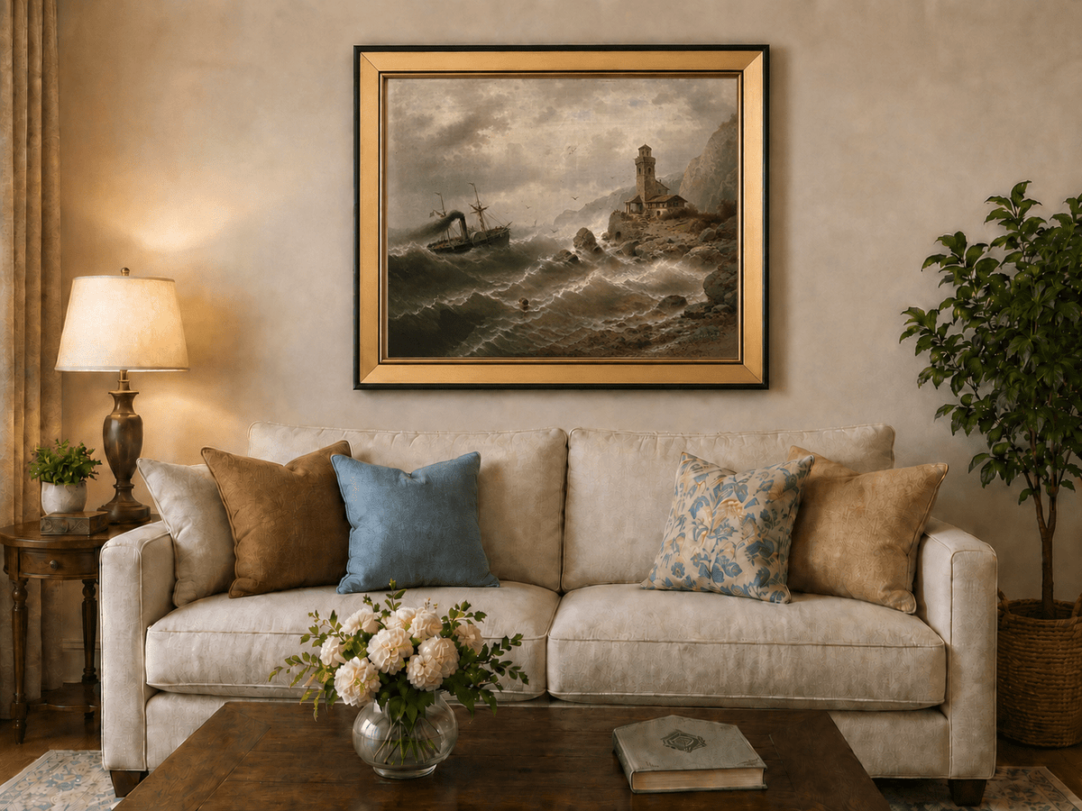 Landscape Oil Painting - Steamboat in Seas, Coastal Tower, Waves