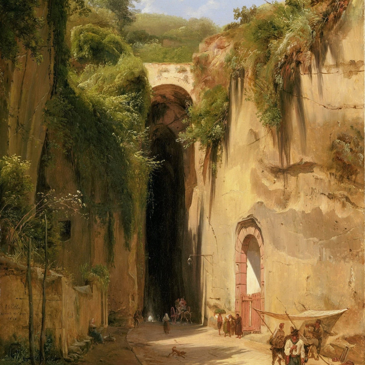 Hand-painted stone arch passage with sunlit cliffs landscape oil painting on canvas
