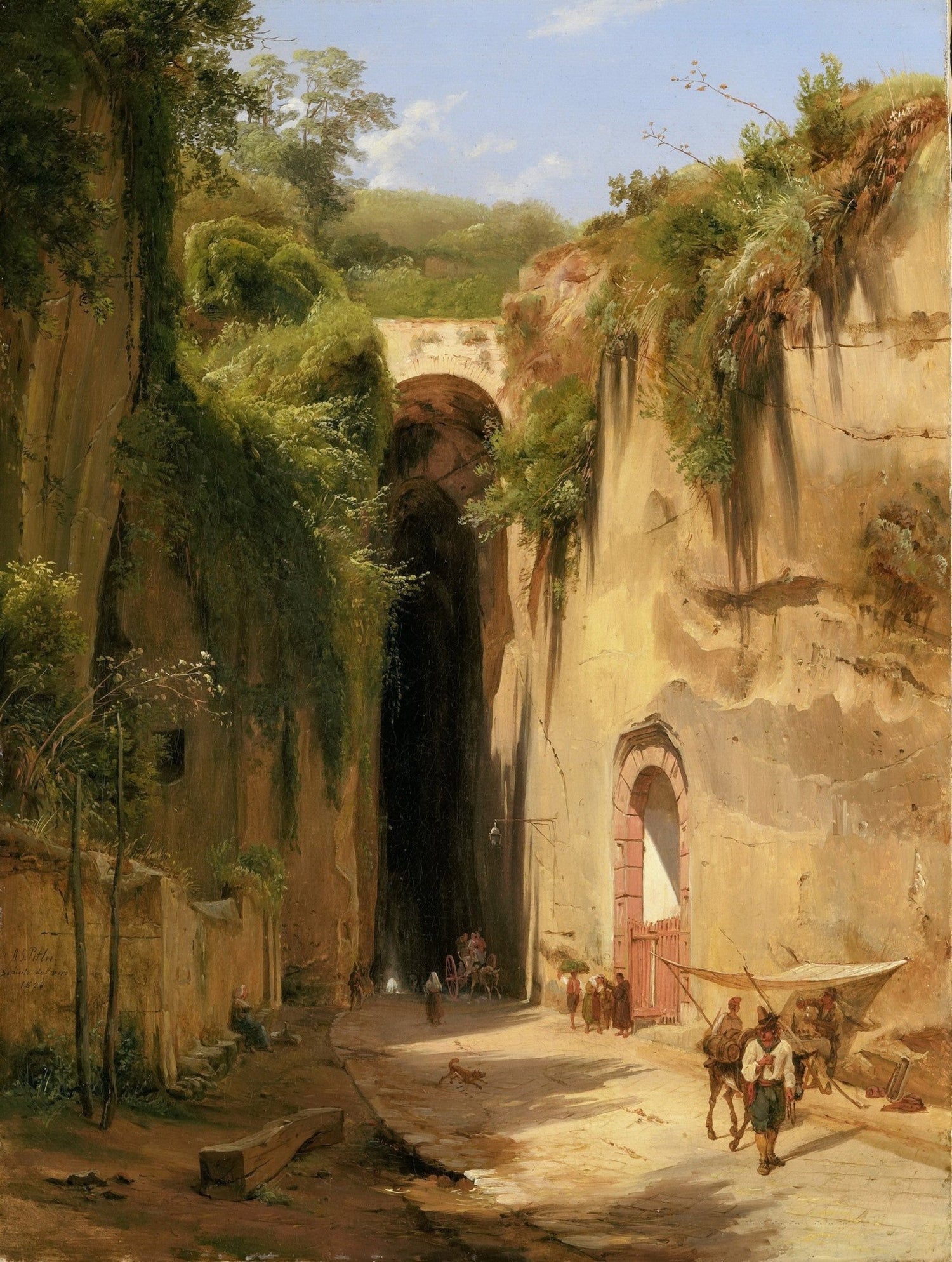 Hand-painted stone arch passage with sunlit cliffs landscape oil painting on canvas