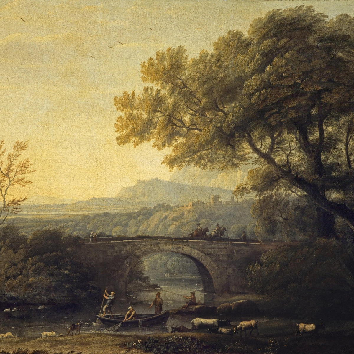 Hand-painted stone bridge and fishermen by river landscape oil painting on canvas