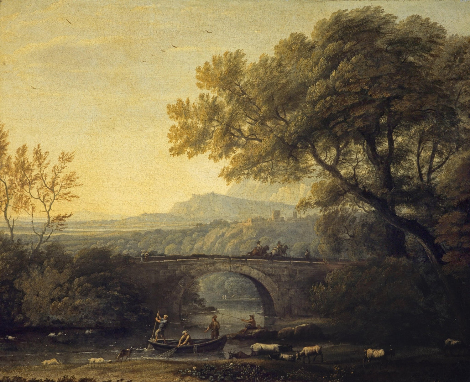 Hand-painted stone bridge and fishermen by river landscape oil painting on canvas