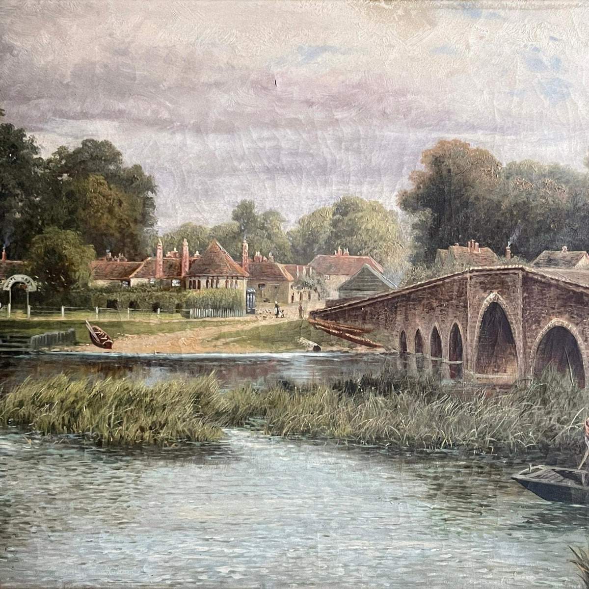 Hand-painted stone bridge and riverside village landscape oil painting on canvas