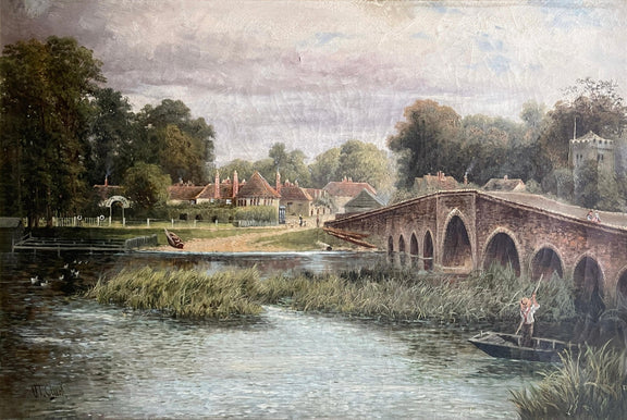 Hand-painted stone bridge and riverside village landscape oil painting on canvas