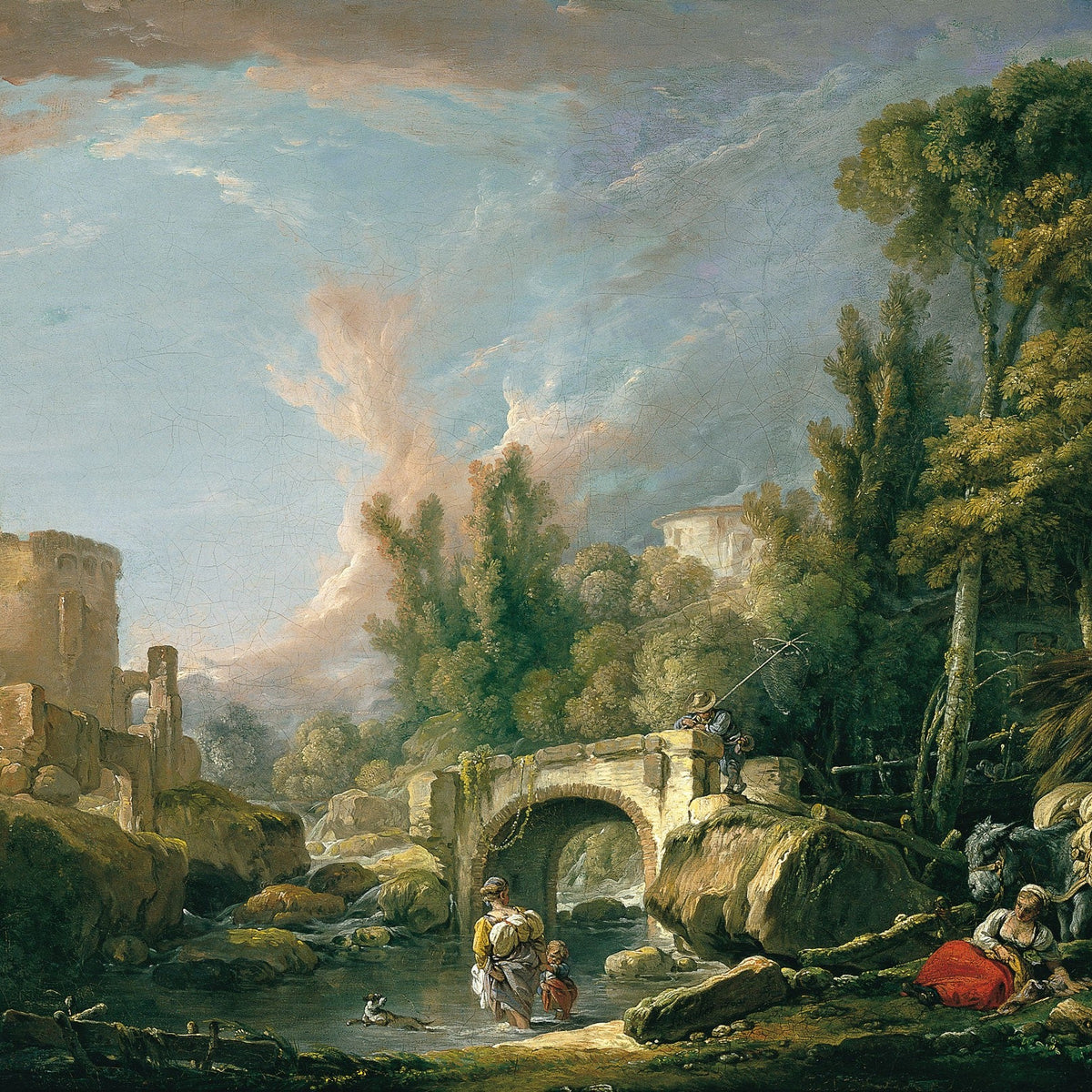 Hand-painted stone bridge and ruins river scene landscape oil painting on canvas