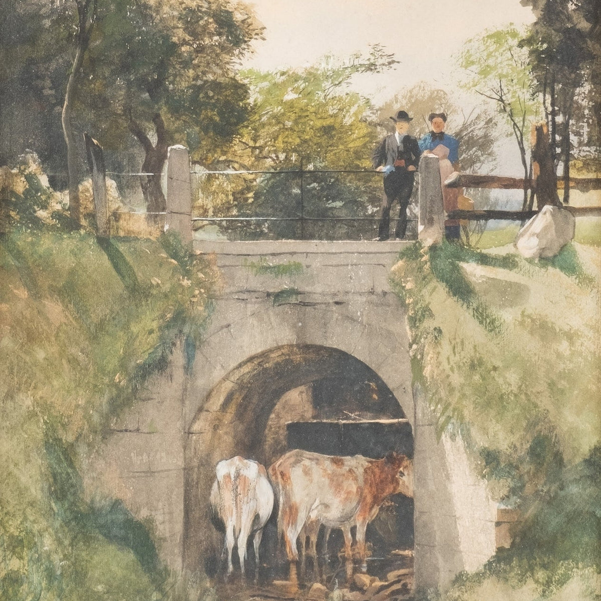 Landscape Oil Painting - Stone Bridge, Cattle and Country Stream - Oil Painting Haven
