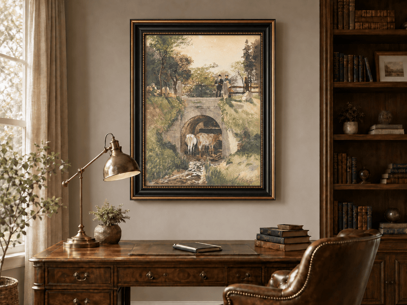 Landscape Oil Painting - Stone Bridge, Cattle and Country Stream